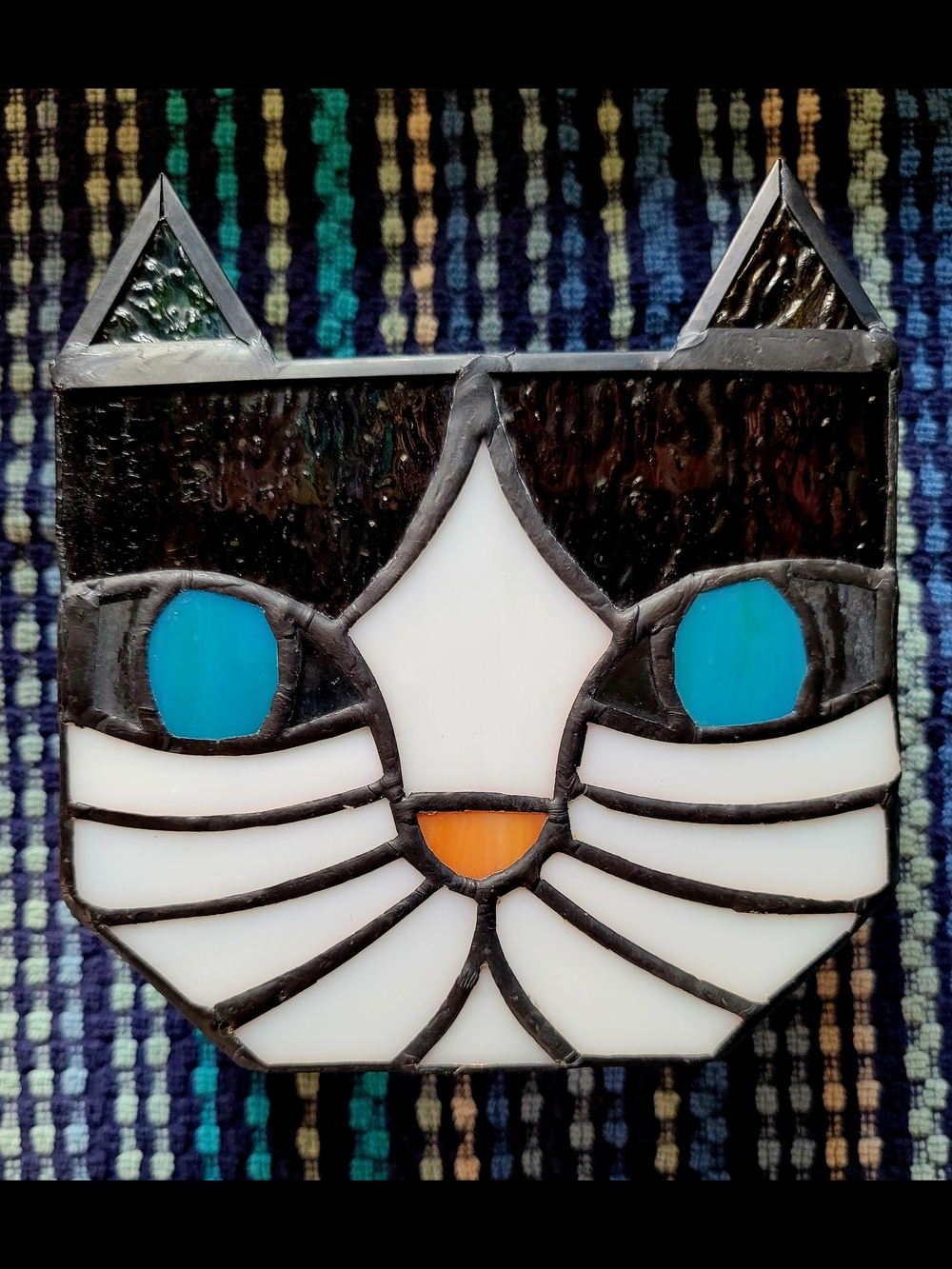 Handmade Stained Glass Cat Vase Black, White, Turquoise, Orange